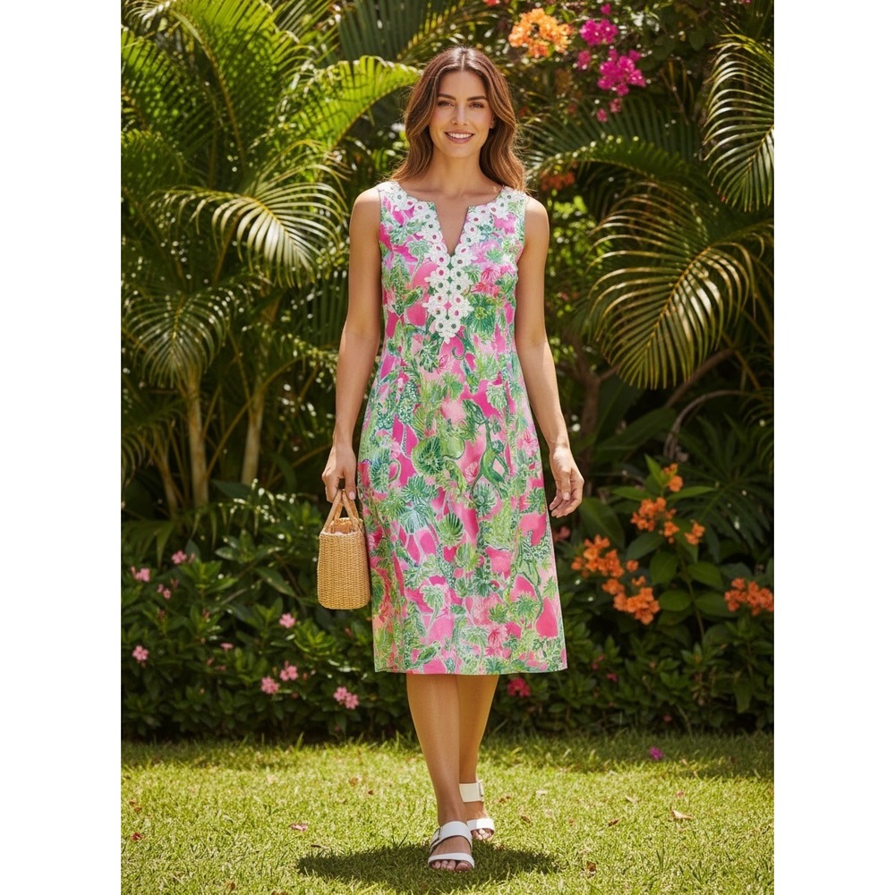 Lilly Pulitzer Pink Green Monkey Jungle Print Shift Dress Lace Trim Sleeveless